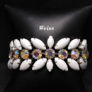 Weiss 1960s Milk Glass & Aurora Borealis Rhinestone Bracelet
